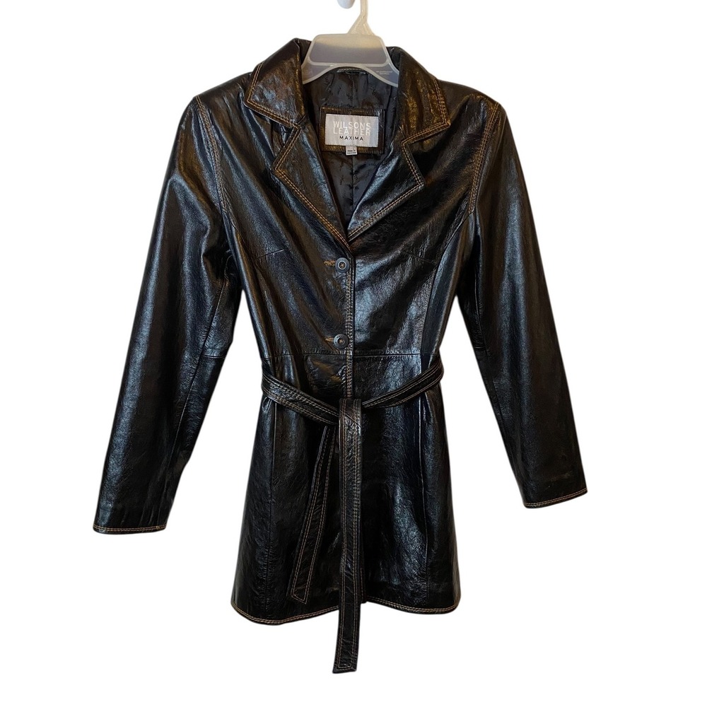 Wilsons Leather Maxima Womens Black Leather Belted Coat Jacket Medium